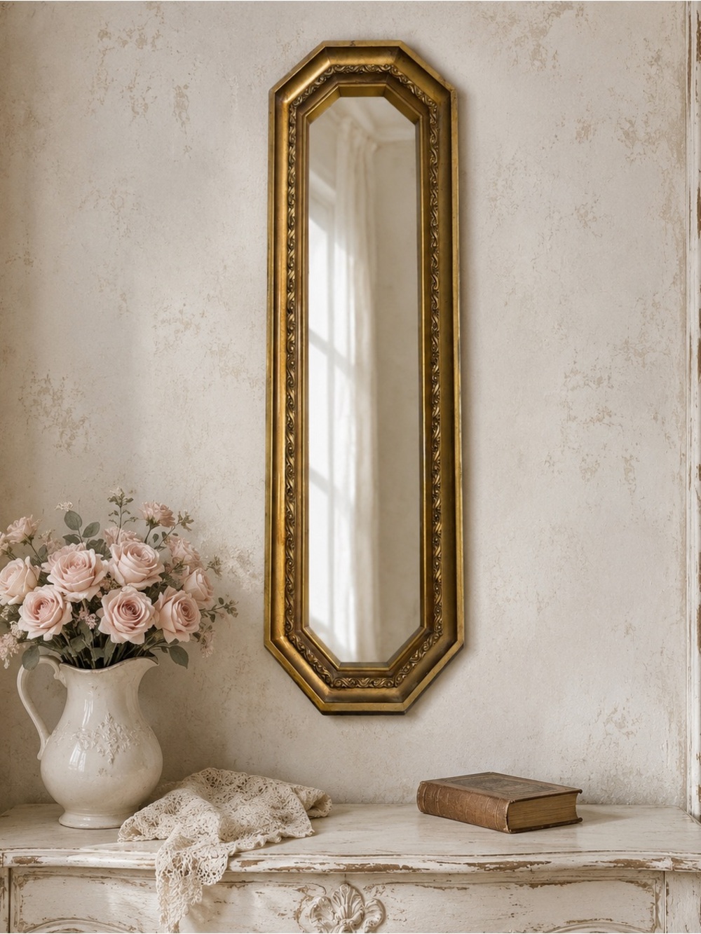 Vintage Gold Wall Mirror Long Narrow Ornate Beveled Hollywood Regency Decor 18”